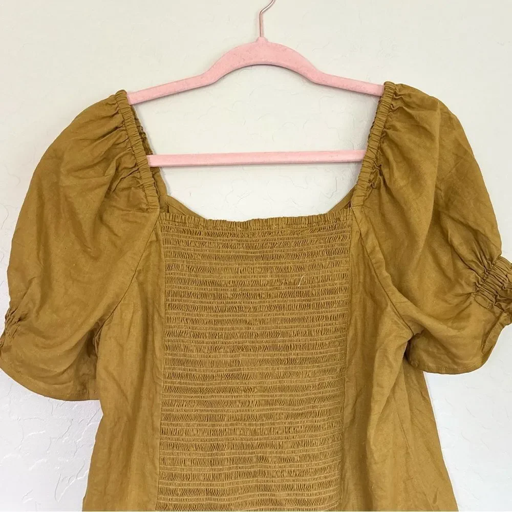 Madewell Button Front Smocked Back Hemp Puff Sleeve Top Bronze Yellow Size 6
